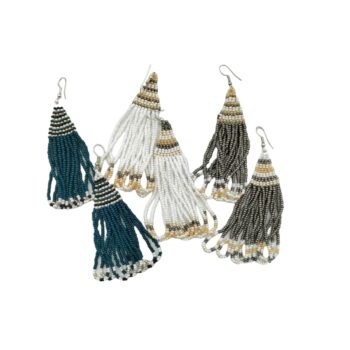 These beaded dangle earrings in various colours were made by Jabu.