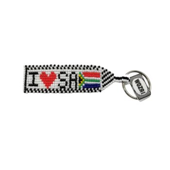 Beaded I love South Africa keyring with a South African flag included in the design.