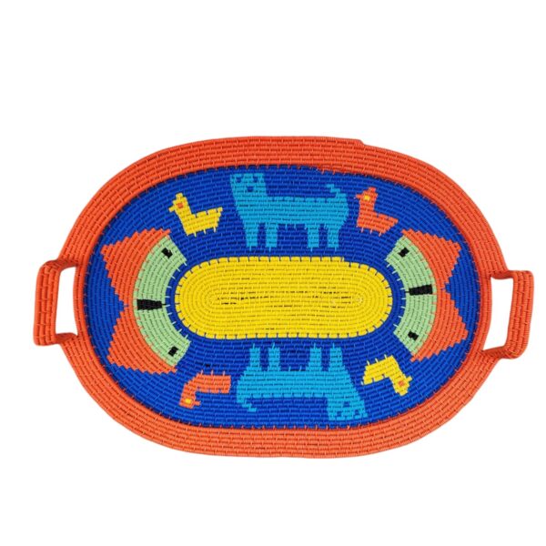 Orange and blue tray with animals and rondavels