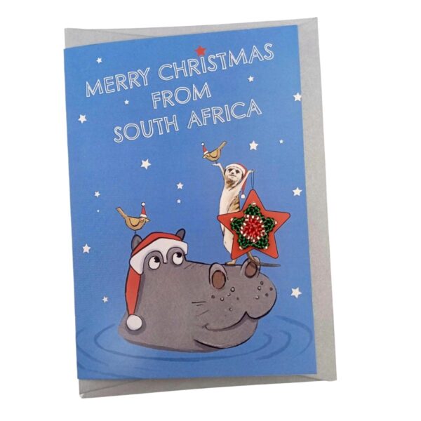 Novelty South African Christmas Card featuring a hippo.