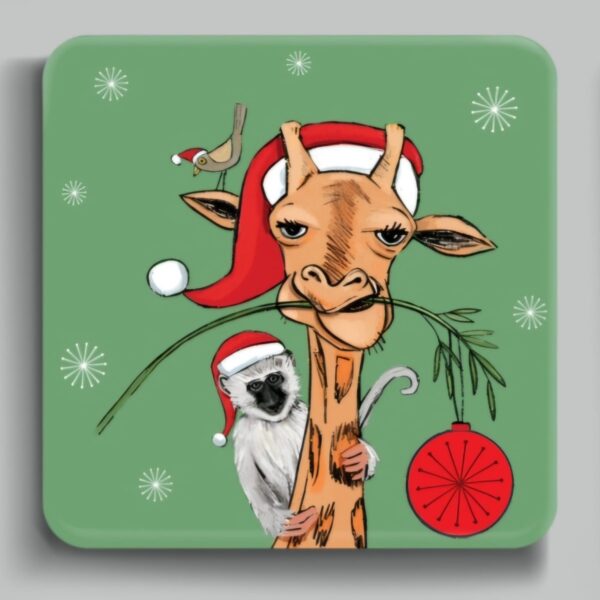 Giraffe and vervet monkey South African Christmas coaster.