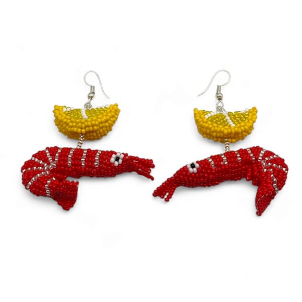 E227-prawn-earrings-large-red Red prawn and lemon beaded earrings