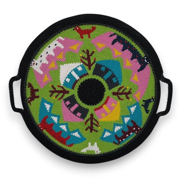 Hardwire tray by a zulu crafter featuring rondavels and animals on a green background.