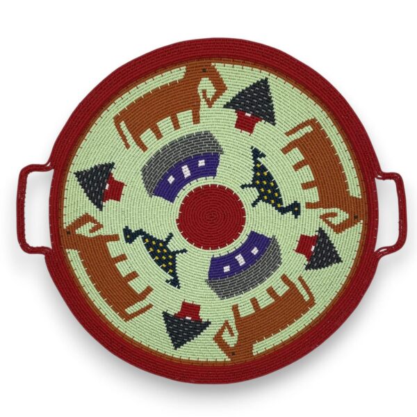 Zulu hardwire tray with a design featuring houses, birds, elephants and trees.