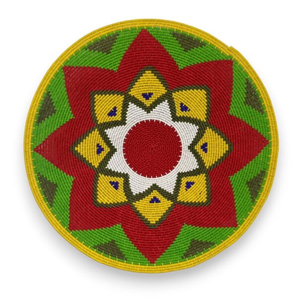 Hardwire bowl in a geometric pattern featuring red, green and yellow.