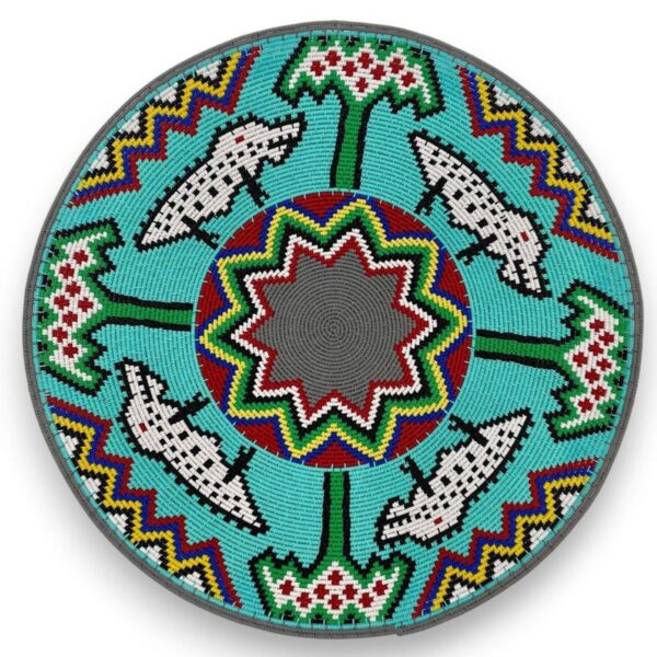 Zulu crafted hardwire bowl with a delightful blue background and crocodiles.