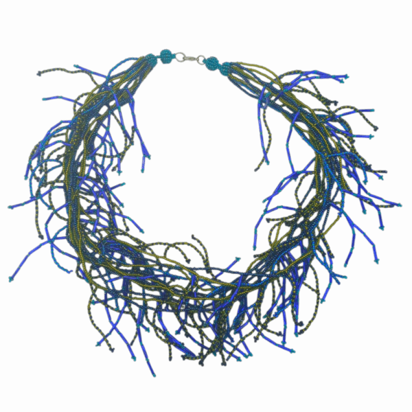 N018 Mikes Firecracker blue and green and pinks seed beads 92 grams Mike's-fire-cracker-necklace-blue-and-green-tones