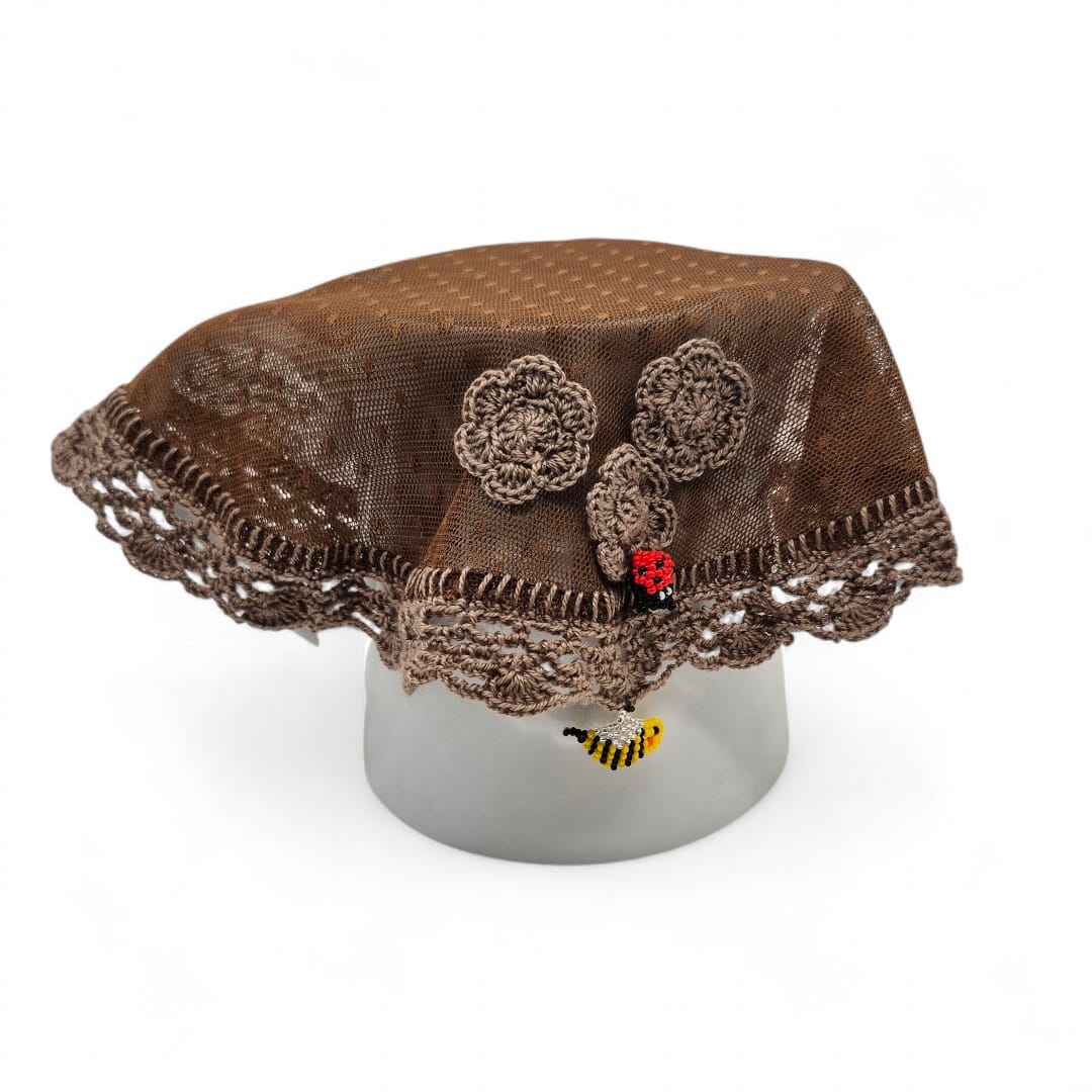 D008-23-Brown-24cm Brown food net or jug cover with beaded bee and ladybug charm