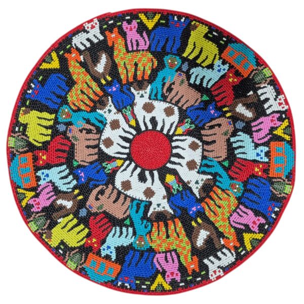 Vibrant woven animals on a black background adorn this stunning hardwire bowl by Mastercrafter Zodwa Sibiya.