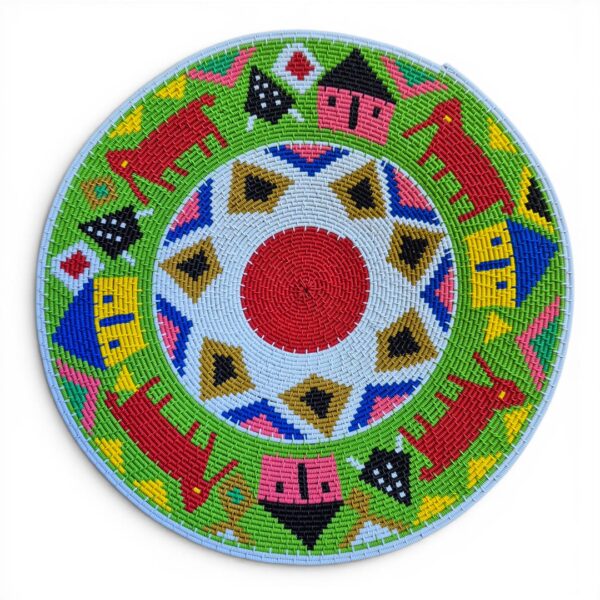 Beautiful hardwire Zulu basket with a green background.