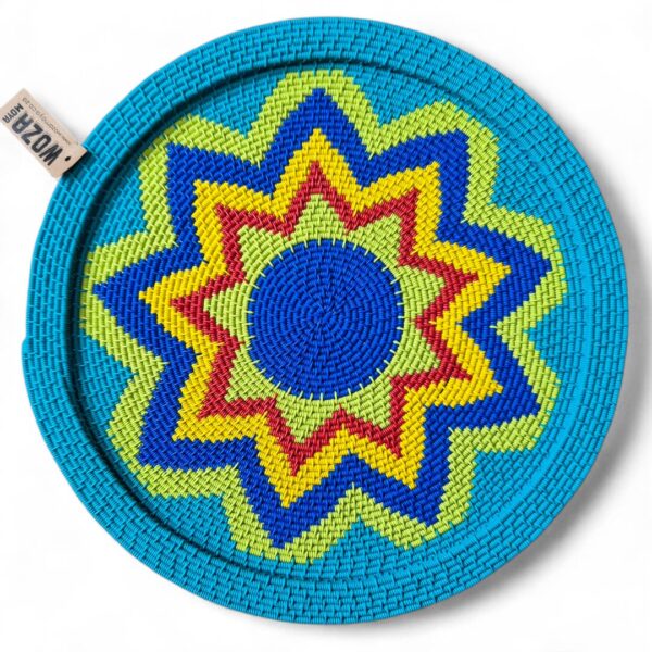 Hardwire woven platter in a geometric star design.