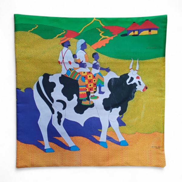 Sibusiso-Duma-Family-on-a-cow-ride.-Printed-cushion