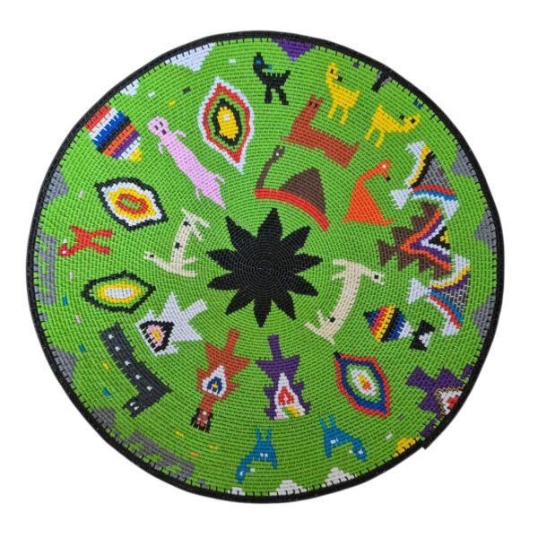 Vibrant green Zulu hardwire story bowl by Lizy Thabede.