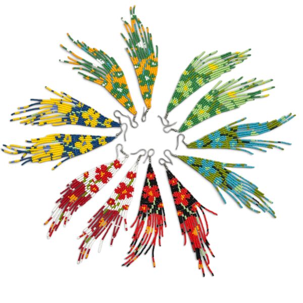 EZ001-50 Flower burst earrings assorted colours, glass seed beads 14cm longx 2cm wide, 18 grams Flower-burst-earrings-assorted-colours-glass-seed-beads